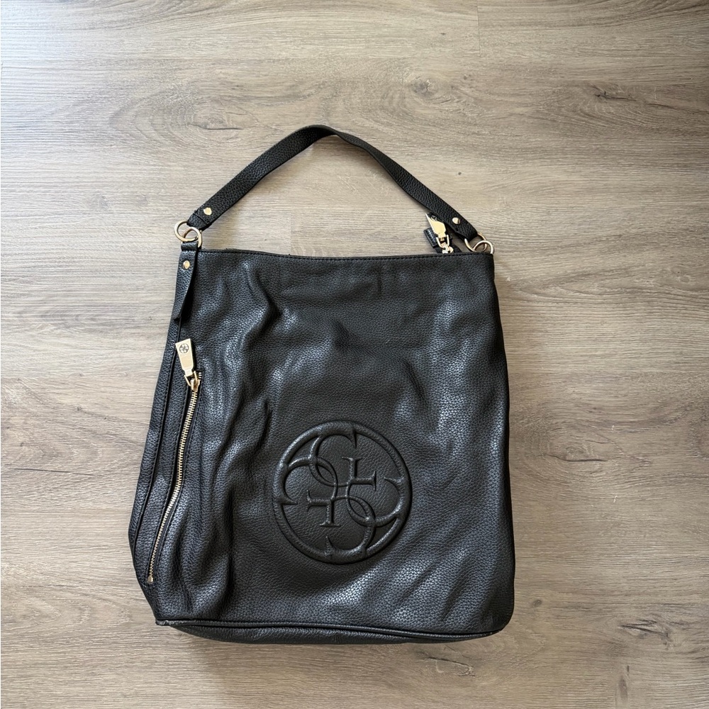 Guess Black Leather Shoulder Tote with Gold Accents